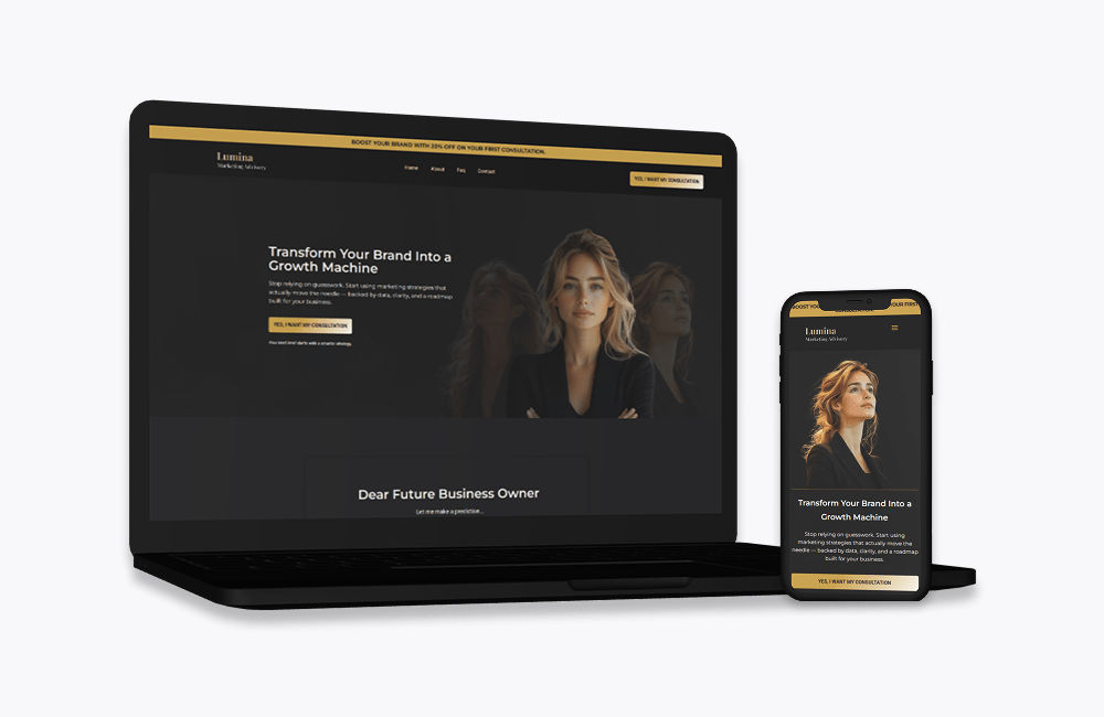 Landing page para consultoria de marketing em WordPress com versão desktop e mobile responsiva