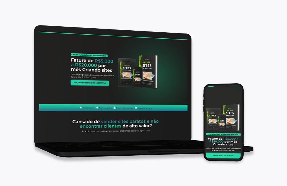 Landing page para venda de ebooks em WordPress com versão desktop e mobile responsiva