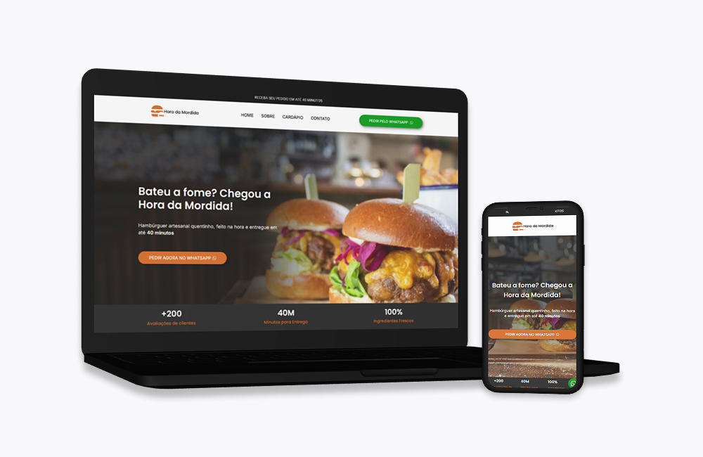 Landing page para hamburgueria em WordPress com versão desktop e mobile responsiva